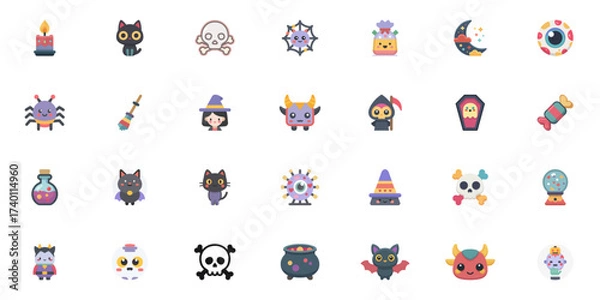 Fototapeta Cute Halloween Icons. Includes Spooky Characters Like Cats, Bats, Witches, Monsters, Potions, And Candy In A Fun Holiday Theme. Isolated Vector Illustration.