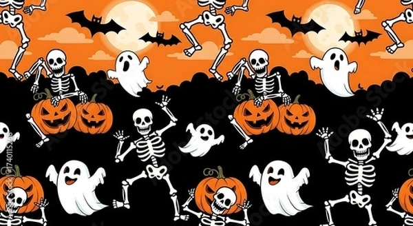 Fototapeta Spooky Halloween seamless pattern with dancing skeletons, ghosts, bats, and jack-o'-lanterns under a full moon.