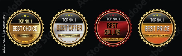 Fototapeta Collection of golden badges with best choice, best offer, best seller and best price on black background