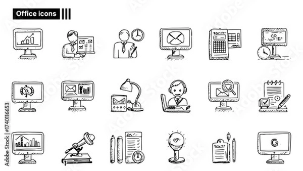 Fototapeta Hand drawn office work icons set – business, productivity and technology doodles