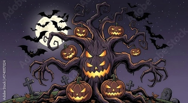 Fototapeta Spooky Halloween Tree with Jack-o'-Lanterns, Bats, and Full Moon