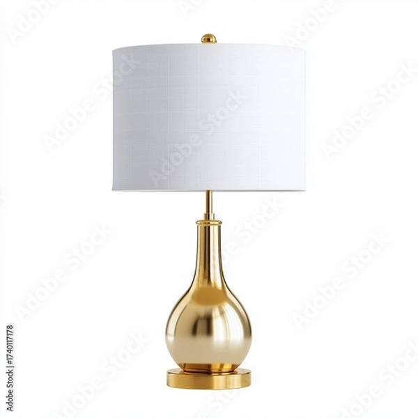 Fototapeta Contemporary table lamp with brass base and white linen drum shade on white isolated background
