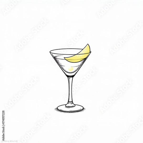Fototapeta Minimalistic cocktail glass with lemon slice on white background, elegance