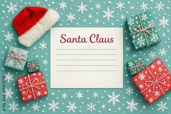 Fototapeta Santa Claus Holding Christmas List for Santa’s List Day with Holiday Decorations, Festive Background and Winter Magic Illustration Generative AI