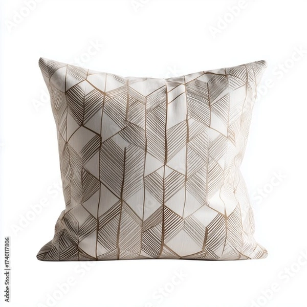 Fototapeta Contemporary throw pillow with geometric pattern in neutral tones and soft fabric on plain white background