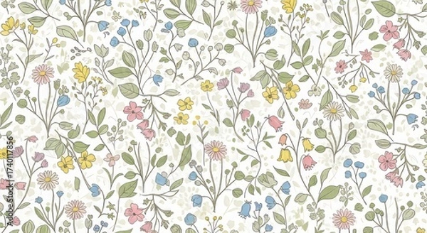 Obraz Delicate wildflowers and leaves create a charming, whimsical pattern on a white background.