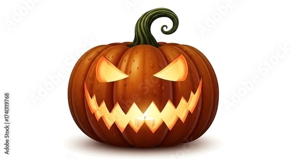 Fototapeta Spooky Jack-o'-Lantern with Glowing Eyes and Jagged Mouth on White Background