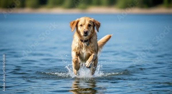 Fototapeta Energetic golden retriever leaping through water on a sunny day