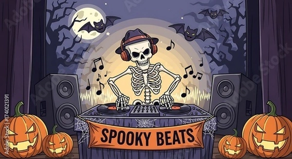 Fototapeta Spooky Skeleton DJ mixing music on turntables for a Halloween party with pumpkins and bats under a full moon.