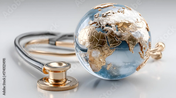 Obraz The focal point is a glass globe with the continents rendered in shimmering gold or brass, primarily showcasing Africa and Europe. A stethoscope, also with gold and metallic accents, is draped around 