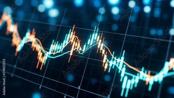 Obraz Glowing financial chart on digital screen with stock market data, trading options, profit growth, and investment analysis in a modern abstract style.