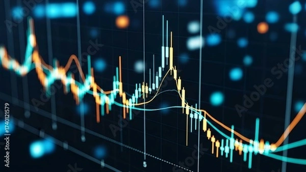 Obraz Glowing financial chart on digital screen with stock market data, trading options, profit growth, and investment analysis in a modern abstract style.