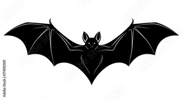 Fototapeta Stylized black bat silhouette with spread wings and glowing eyes, a spooky Halloween vector illustration isolated on a white background.
