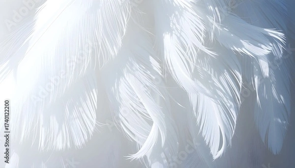 Fototapeta Close-up view of soft, fluffy white feathers, creating a delicate and ethereal texture.