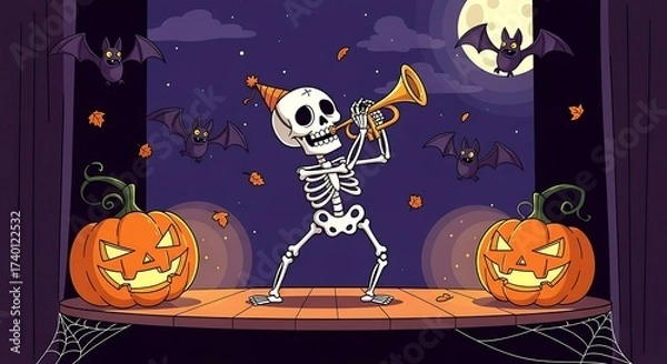 Fototapeta Spooky Skeleton Plays Trumpet Under Full Moon with Bats and Jack-o'-Lanterns