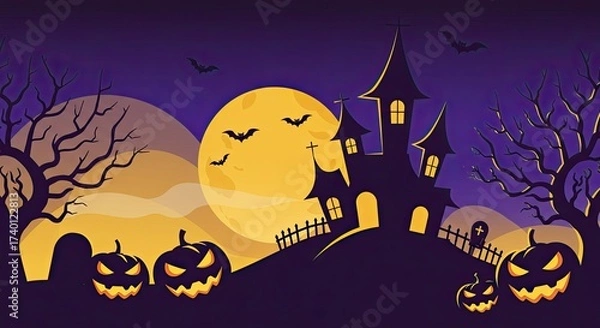 Obraz Spooky Halloween Night Landscape with Haunted House, Pumpkins, Bats and Moon, Perfect for Holiday Celebrations and Greetings, and Party Invitations