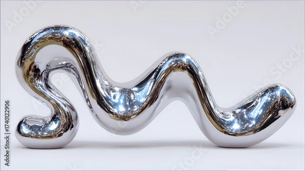 Obraz The object has an organic, molten, or blob-like form with undulating curves and three main protruding masses. Its surface is a brilliant chrome or silver finish,
