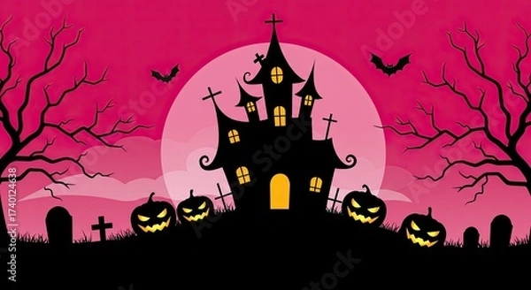 Obraz Spooky Halloween Night Scene with Haunted House, Pumpkins, Bats, Trees, and Graveyard Against a Full Moon on a Pink Background