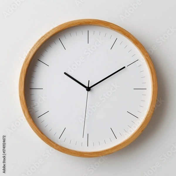 Fototapeta Minimalist wall clock with wooden frame and simple black hands on plain white isolated background
