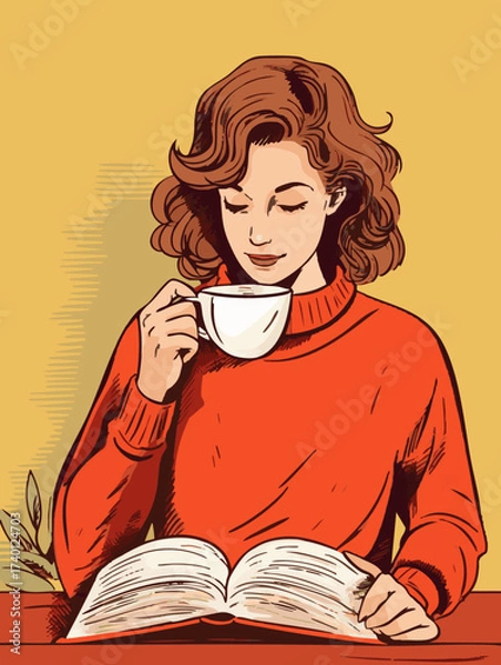Fototapeta A cozy illustration shows a woman with closed eyes, sipping from a white cup while engrossed in an open book, wearing a red sweater against a yellow backdrop