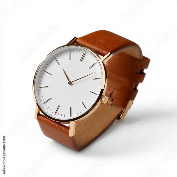 Fototapeta Minimalist wristwatch with leather strap and simple dial design on plain white isolated background
