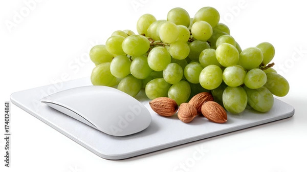 Fototapeta  a mix of food items a sandwich, burger, apple, tomatoes, lettuce, and coffee  surrounding a white computer mouse and mousepad on a wooden surface