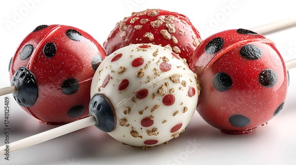 Fototapeta The main edible part is round, coated in a bright red, glossy candy shell that features the characteristic black spots of a ladybug. The heads are darker, possibly chocolate or crushed sprinkles