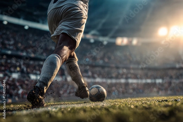 Obraz Soccer player striking the ball in dramatic cinematic moment, stadium crowd alive with energy, dreamlike atmosphere of sporting intensity and focus.