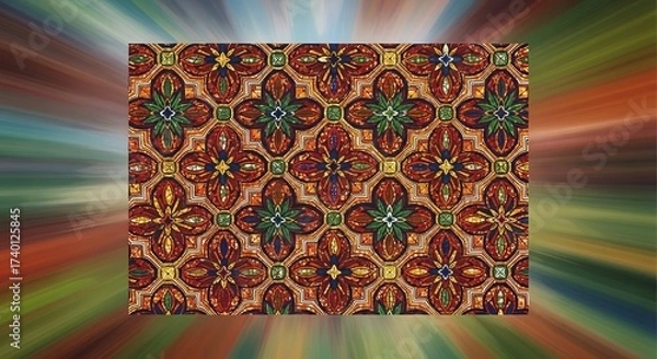 Fototapeta Intricate geometric floral pattern with warm, vibrant colors and a radial background effect