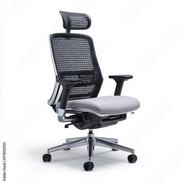 Fototapeta Modern ergonomic office chair with mesh back support and adjustable armrests on plain white background