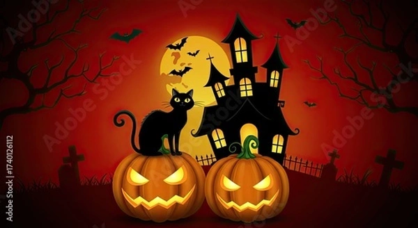 Obraz Spooky Halloween Night with Black Cat and Jack-o'-Lanterns in Front of a Haunted House in a Graveyard Scene