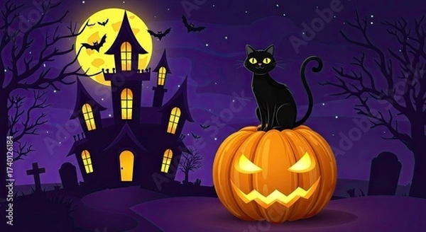 Obraz Spooky Halloween Night with Black Cat and Haunted House Under a Glowing Moon Filled with Scary Bats Flying Around