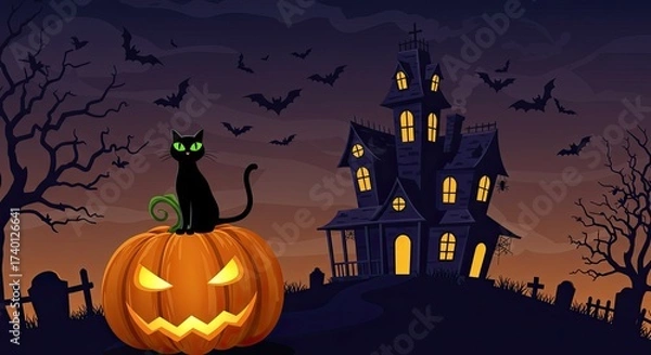 Obraz Spooky Halloween Night with Black Cat, Pumpkin, and Haunted House Under the Eerie Bats Filled Sky, with Graves and Trees
