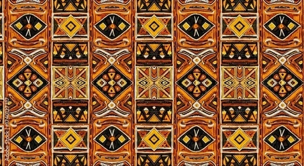 Fototapeta Intricate geometric tribal pattern with warm earthy tones, creating a vibrant textile design.