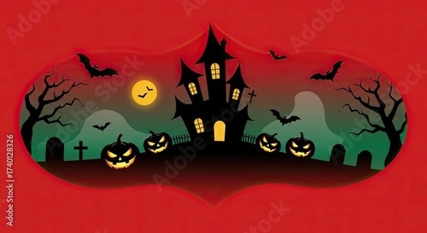 Fototapeta Spooky Halloween Night with Haunted House, Glowing Pumpkins, and Bats in the Moonlight in a Decorative Design.