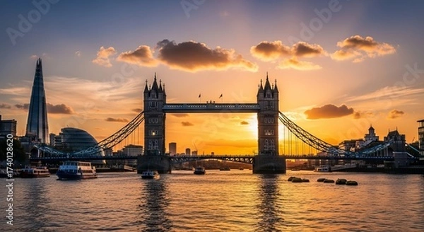 Obraz Iconic bridge illuminated by a vibrant sunset over a calm river, with city skyline in the background.