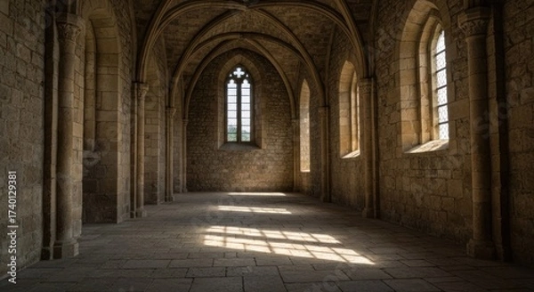 Fototapeta Stone-walled hall with arched ceiling and gothic windows letting in sunlight
