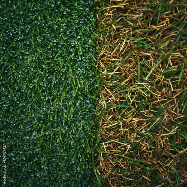 Fototapeta A side-by-side macro shot of wet and dry grass. The left side shows fresh grass covered with dewdrops, while the right side shows dry, brown, lifeless grass. The contrast suggests seasonal or hydratio
