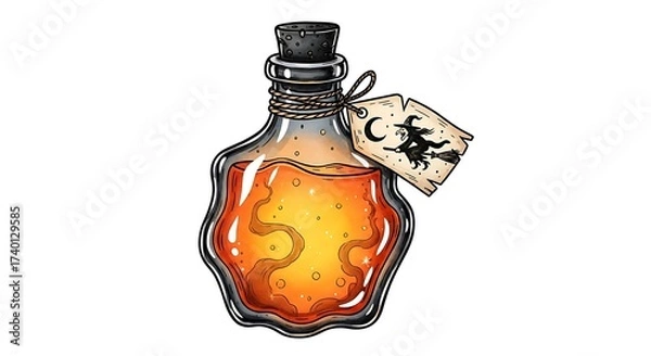 Fototapeta Whimsical Halloween Potion Bottle with Witch and Moon Tag