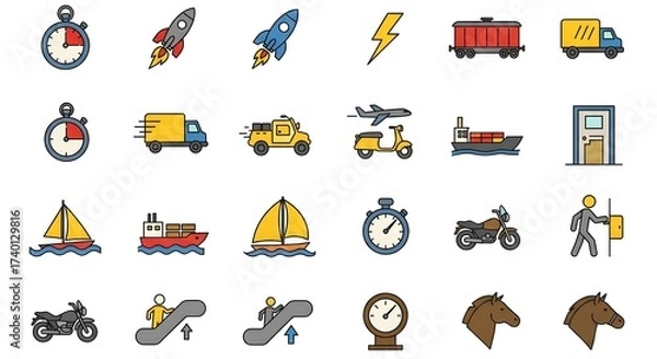 Fototapeta Bold Transportation Icons Grid Featuring Modern and Classic Travel Modes in Color