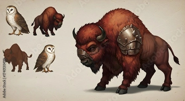 Fototapeta Anthropomorphic Minotaur Art Featuring Reddish-Brown Fur and Expressive Multiple Angles