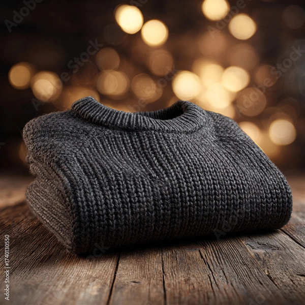 Fototapeta A dark charcoal gray sweatshirt folded at an angle on a white surface. The image conveys a cozy, modern fashion style with clean lines and subtle texture.