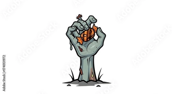 Fototapeta Zombie Hand Emerging with Halloween Candy, Isolated on White Background