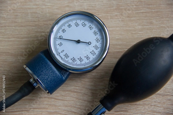 Fototapeta On the table is a monitor and a bulb of a manual tonometer. For measuring blood pressure in people.