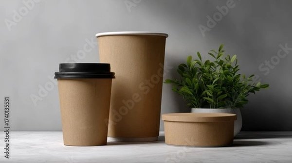 Fototapeta Mockup of three craft paper containers, a coffee cup and a round food container, in different sizes. Product photography for packaging.