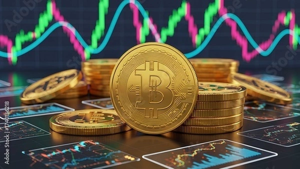 Obraz Bitcoin coin with glowing crypto chart on digital screen, symbolizing blockchain finance, currency trading, investment growth, and cryptocurrency market profit.