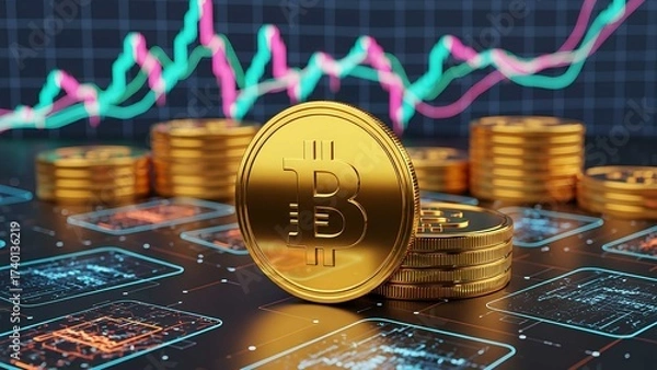 Obraz Bitcoin coin with glowing crypto chart on digital screen, symbolizing blockchain finance, currency trading, investment growth, and cryptocurrency market profit.