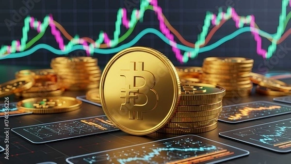 Obraz Bitcoin coin with glowing crypto chart on digital screen, symbolizing blockchain finance, currency trading, investment growth, and cryptocurrency market profit.