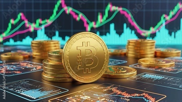 Obraz Bitcoin coin with glowing crypto chart on digital screen, symbolizing blockchain finance, currency trading, investment growth, and cryptocurrency market profit.
