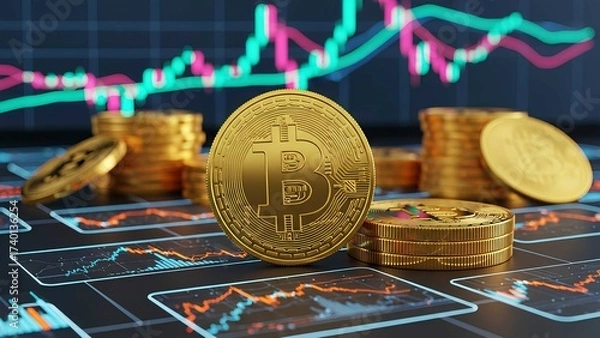 Obraz Bitcoin coin with glowing crypto chart on digital screen, symbolizing blockchain finance, currency trading, investment growth, and cryptocurrency market profit.